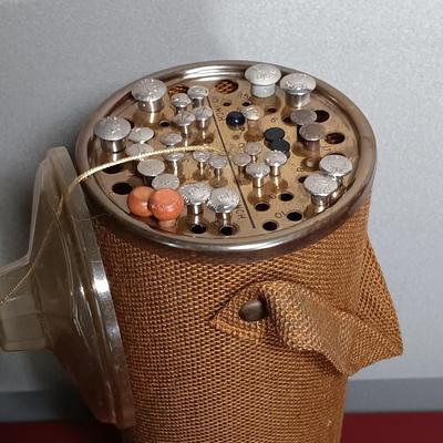 LOT 179: Crafting Collection- Knitting Needle Holder, Sewing Notions, Fabric Remnants & More