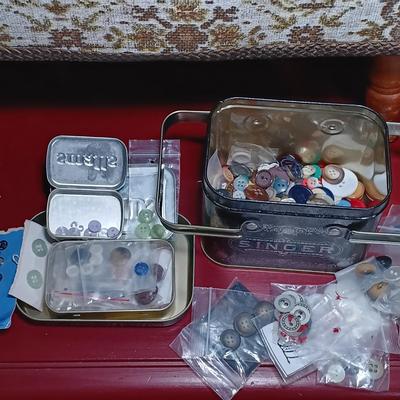 LOT 179: Crafting Collection- Knitting Needle Holder, Sewing Notions, Fabric Remnants & More