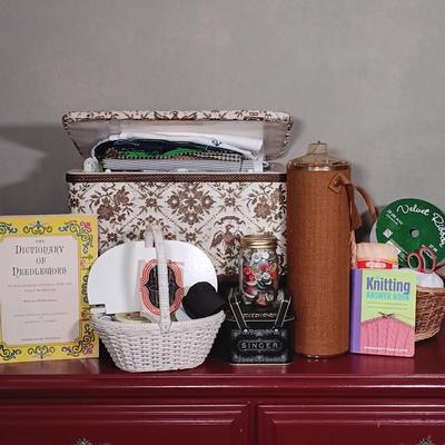 LOT 179: Crafting Collection- Knitting Needle Holder, Sewing Notions, Fabric Remnants & More