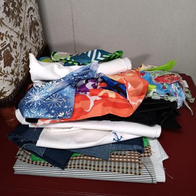 LOT 179: Crafting Collection- Knitting Needle Holder, Sewing Notions, Fabric Remnants & More