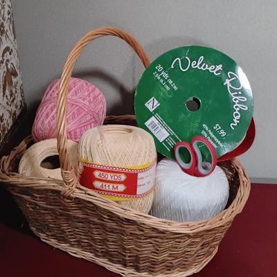 LOT 179: Crafting Collection- Knitting Needle Holder, Sewing Notions, Fabric Remnants & More