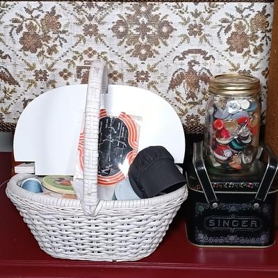 LOT 179: Crafting Collection- Knitting Needle Holder, Sewing Notions, Fabric Remnants & More