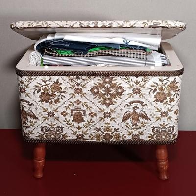 LOT 179: Crafting Collection- Knitting Needle Holder, Sewing Notions, Fabric Remnants & More