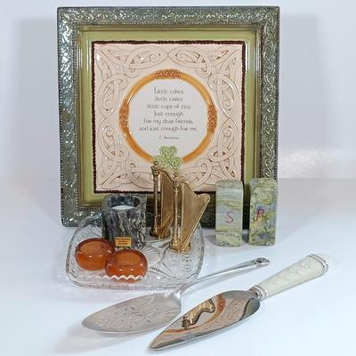 LOT 183: Grasslands Road Cake Stand, Glass Napkin Rings, Marble Salt and Pepper Shakers & More