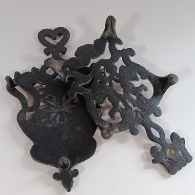 LOT 185: Cast Iron Trivets, Pewter Bean Pots, Pressed Glass Cakestand & More