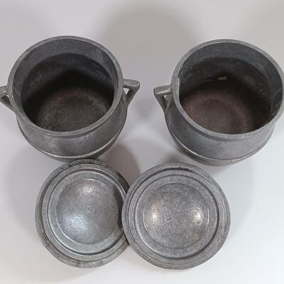 LOT 185: Cast Iron Trivets, Pewter Bean Pots, Pressed Glass Cakestand & More
