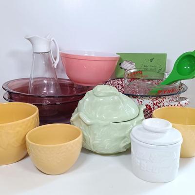LOT 187: Purple Pyrex Mixing Bowls, Holland Mold Cabbage, Enamelware Strainer & More
