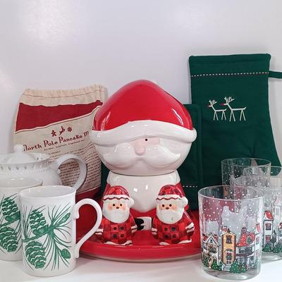 LOT 188: Department 56 Santa Bowl, Godiva Mugs, Christmas Pancake Molds & More