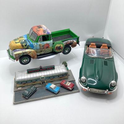 LOT 191: The Danbury Mint Mort Kuntsler 1953 Chevrolet Farmer's Pickup, 1971 Jaguar E-Type Diecast Toy Car and The Danbury Mint...