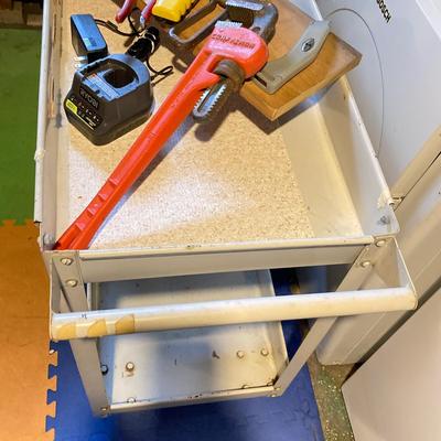 LOT 194: Metal Rolling Utility Cart with Tools - Vise, Craftsman, Ryobi Inclluded