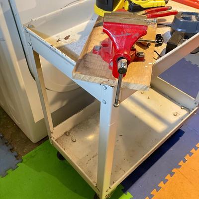 LOT 194: Metal Rolling Utility Cart with Tools - Vise, Craftsman, Ryobi Inclluded