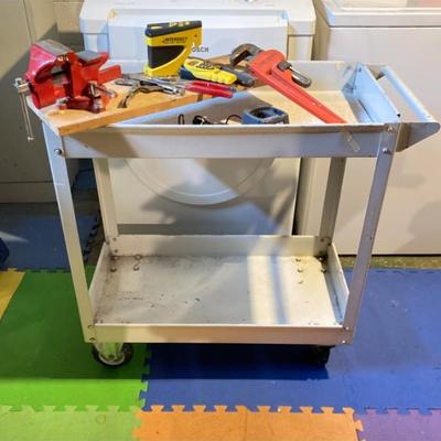 LOT 194: Metal Rolling Utility Cart with Tools - Vise, Craftsman, Ryobi Inclluded