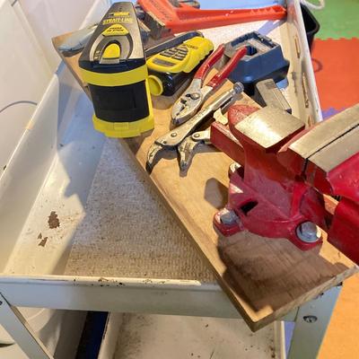 LOT 194: Metal Rolling Utility Cart with Tools - Vise, Craftsman, Ryobi Inclluded