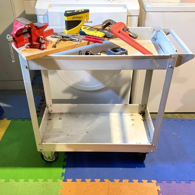 LOT 194: Metal Rolling Utility Cart with Tools - Vise, Craftsman, Ryobi Inclluded