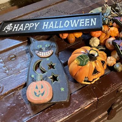 LOT 195: Tote Loaded with Autumn / Halloween Decor - Pumpkins, Witches, Signs and More
