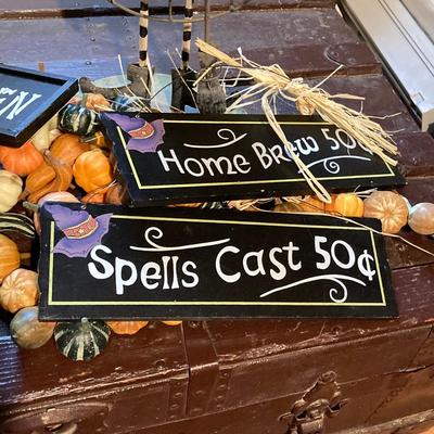 LOT 195: Tote Loaded with Autumn / Halloween Decor - Pumpkins, Witches, Signs and More