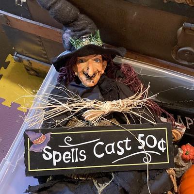 LOT 195: Tote Loaded with Autumn / Halloween Decor - Pumpkins, Witches, Signs and More
