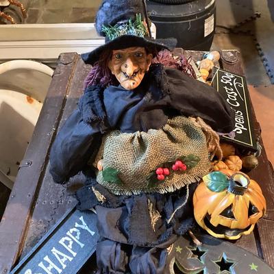 LOT 195: Tote Loaded with Autumn / Halloween Decor - Pumpkins, Witches, Signs and More