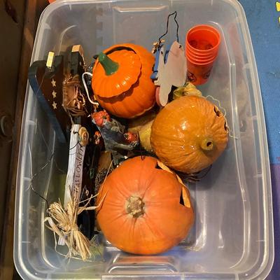 LOT 195: Tote Loaded with Autumn / Halloween Decor - Pumpkins, Witches, Signs and More