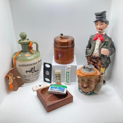 LOT 196: Vintage Ireland Decanters, McDonald Duk-It Mallard Copper Lid Tobacco Humidor, Lighters and More