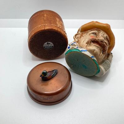 LOT 196: Vintage Ireland Decanters, McDonald Duk-It Mallard Copper Lid Tobacco Humidor, Lighters and More