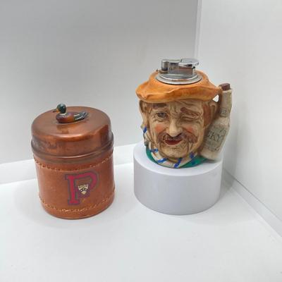 LOT 196: Vintage Ireland Decanters, McDonald Duk-It Mallard Copper Lid Tobacco Humidor, Lighters and More