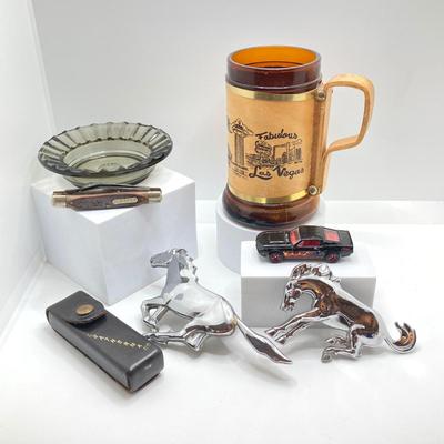 LOT 197: Vintage Ford Mustang Badges, Hot Wheels Diecast Car, Las Vegas Mug, Old Timer Pocket Knife, Showboat Ashtray and More