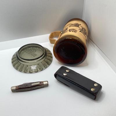 LOT 197: Vintage Ford Mustang Badges, Hot Wheels Diecast Car, Las Vegas Mug, Old Timer Pocket Knife, Showboat Ashtray and More