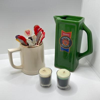 LOT 199: Collection of Vintage Beverage Pitchers, Mug, Plastic Stirrers and More