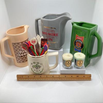 LOT 199: Collection of Vintage Beverage Pitchers, Mug, Plastic Stirrers and More