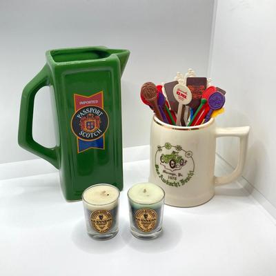 LOT 199: Collection of Vintage Beverage Pitchers, Mug, Plastic Stirrers and More