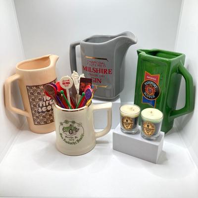 LOT 199: Collection of Vintage Beverage Pitchers, Mug, Plastic Stirrers and More