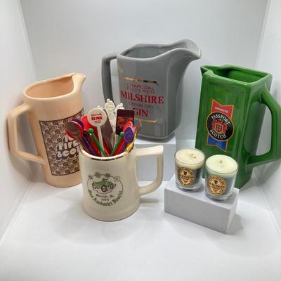 LOT 199: Collection of Vintage Beverage Pitchers, Mug, Plastic Stirrers and More