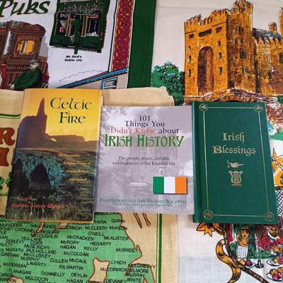 LOT 217: Irish Collection of Pottery, Linens, Celtic Cross, Books & More