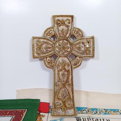 LOT 217: Irish Collection of Pottery, Linens, Celtic Cross, Books & More