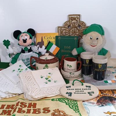 LOT 217: Irish Collection of Pottery, Linens, Celtic Cross, Books & More