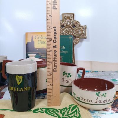 LOT 217: Irish Collection of Pottery, Linens, Celtic Cross, Books & More