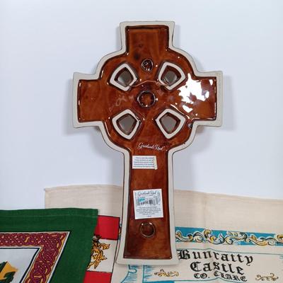 LOT 217: Irish Collection of Pottery, Linens, Celtic Cross, Books & More
