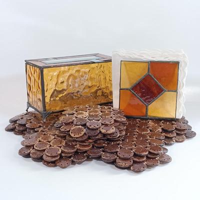 LOT 221: Stained Glass Napkin Holder and Box with Wood / Nut Shell Placemats