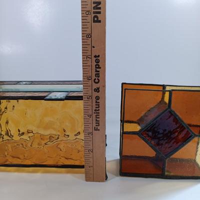 LOT 221: Stained Glass Napkin Holder and Box with Wood / Nut Shell Placemats