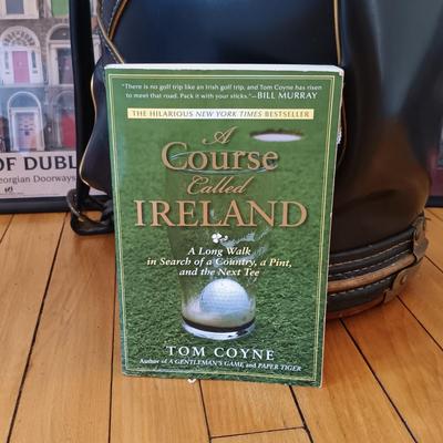 LOT 225: Golf Bag Trash Can with Golf Book and Framed Posters from Ireland