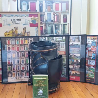 LOT 225: Golf Bag Trash Can with Golf Book and Framed Posters from Ireland