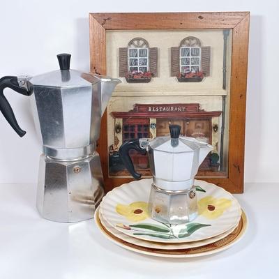LOT 226: Pair of Bialetti Moka Express Stovetop Coffee Makers with Shadow Box Art & Plates