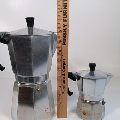 LOT 226: Pair of Bialetti Moka Express Stovetop Coffee Makers with Shadow Box Art & Plates