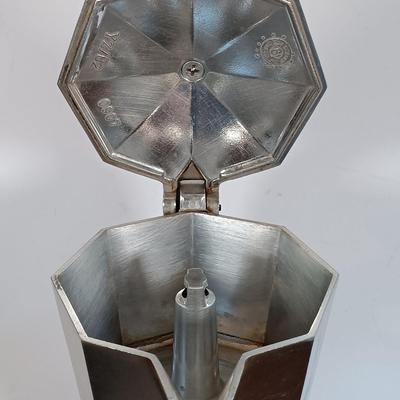 LOT 226: Pair of Bialetti Moka Express Stovetop Coffee Makers with Shadow Box Art & Plates
