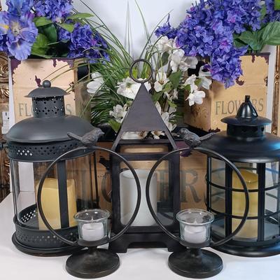 LOT 227: Metal Flower Boxes, Lantern Candle Holders & Bird Candle Holders