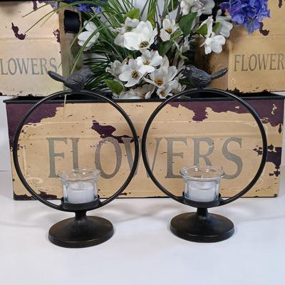 LOT 227: Metal Flower Boxes, Lantern Candle Holders & Bird Candle Holders