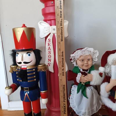 LOT 230: BECO Blow Mold Christmas Lamp Post with Nutcracker, Mrs Claus & Santa Claus