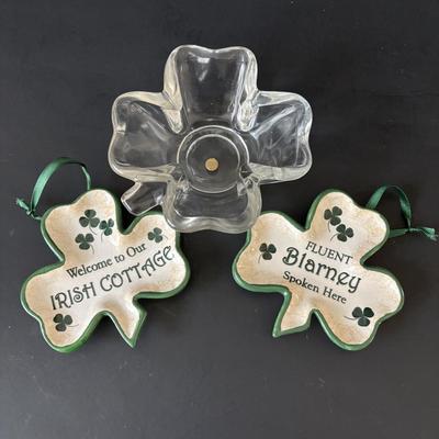 LOT 86: It's Good to Be Irish Collection: Nutcracker, Milk Glass Mugs, Clear & Amber Shamrock Trinket Dishes & More