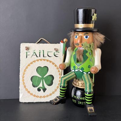 LOT 86: It's Good to Be Irish Collection: Nutcracker, Milk Glass Mugs, Clear & Amber Shamrock Trinket Dishes & More